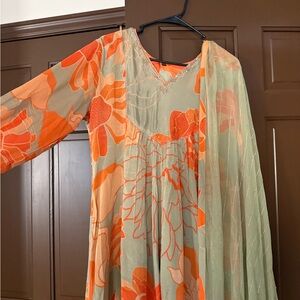 Elegant Mint & Orange Floral Anarkali Set ✨